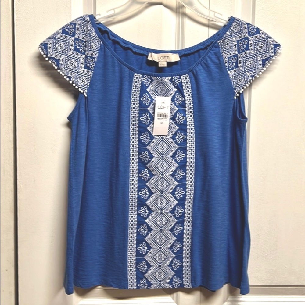 Loft Blue White Embroidery Design Cotton Cap Sleeve Top Size XS NWT